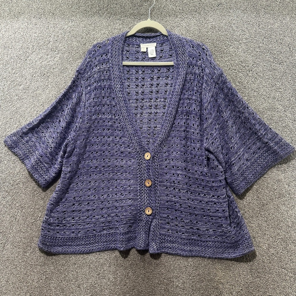 Coldwater Creek Purple Crochet Cardigan Sweater 3X Short Sleeve Button Front